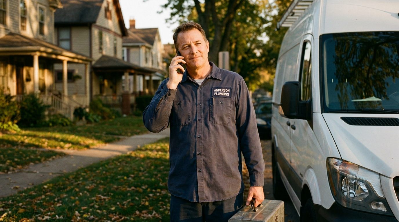 A plumber beside his service van answering a customer call