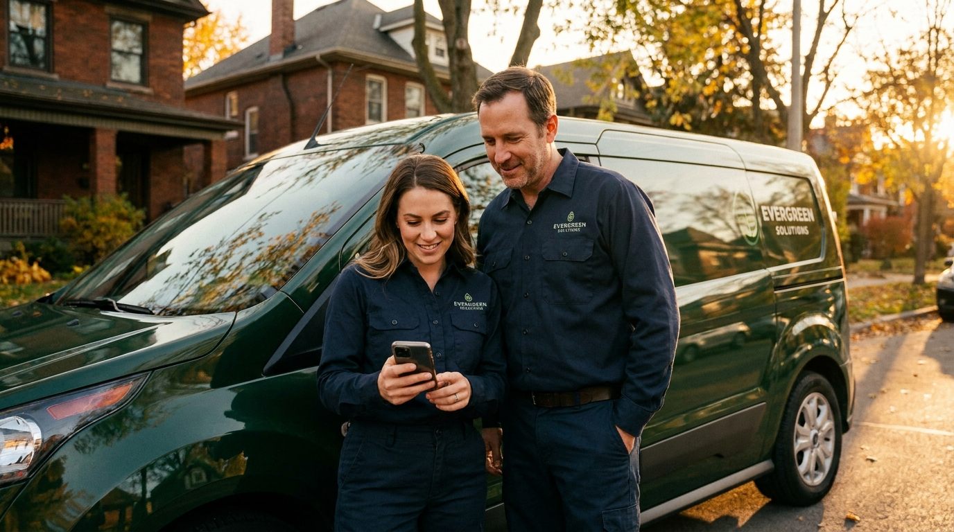 Two local home-service business owners checking a new booking on a phone beside their work van